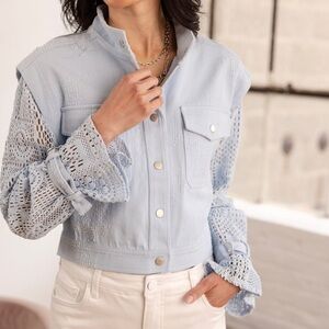 Mystree Light Blue Crochet Sleeve Jean Jacket